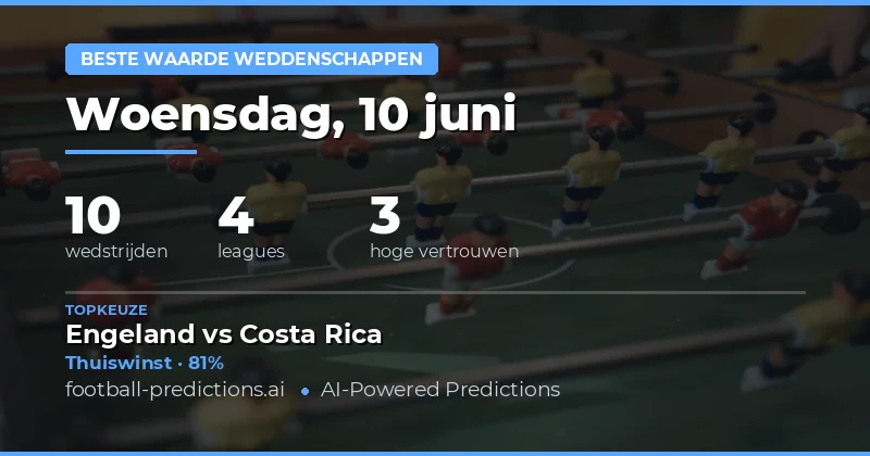 Beste waarde weddenschappen — Voetbalvoorspellingen & Tips — Woensdag, 10 juni, 2026