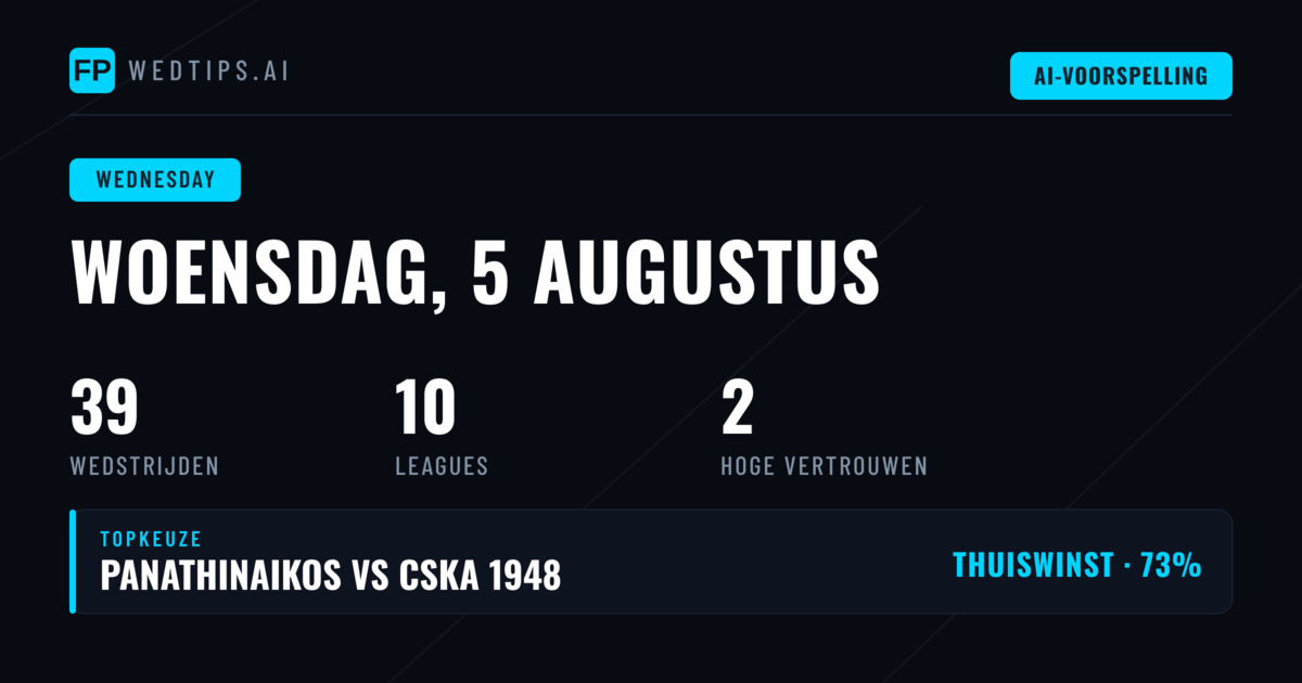 Woensdag 5 Aug: Tien Competities, Twee High-Confidence Picks