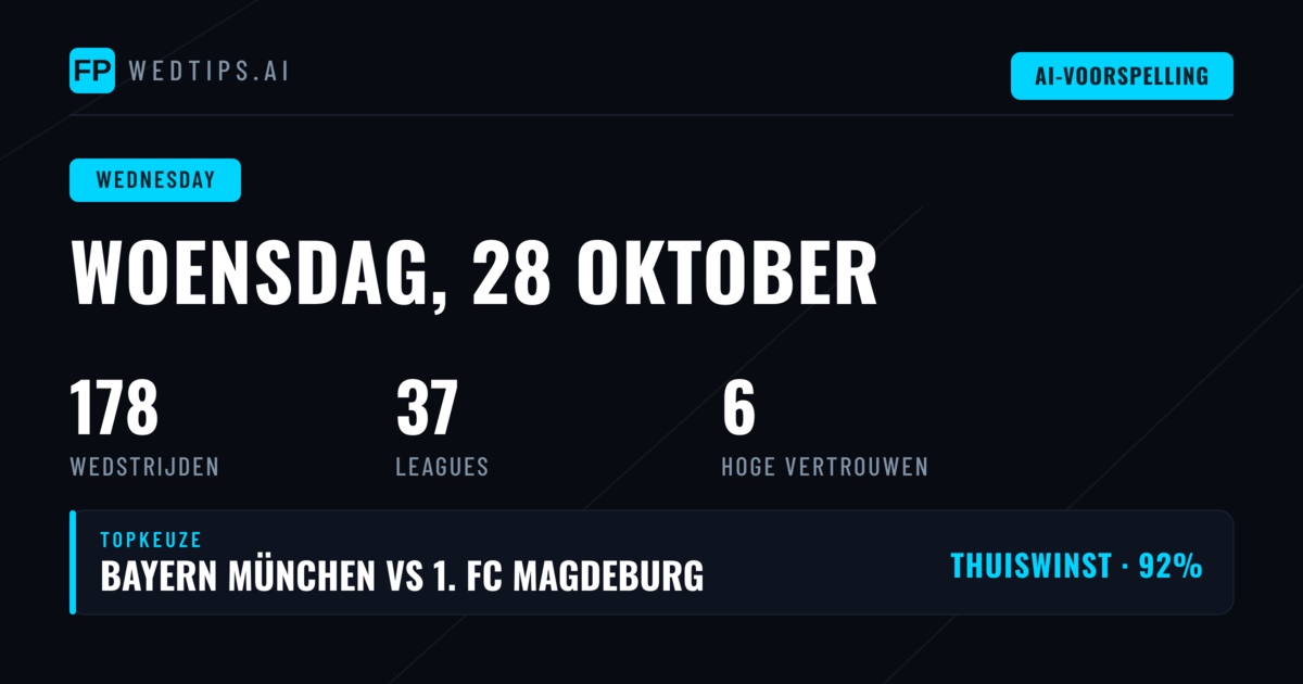 Woensdag 28 oktober: 178 wedstrijden en zes sterke 1X2-kansen