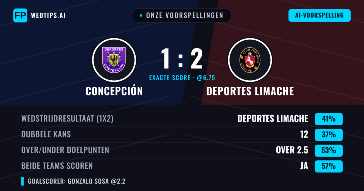 Onze voorspellingen: Concepción vs Deportes Limache — Deportes Limache — Win (41%); Over 2.5; Beide scoren: Ja