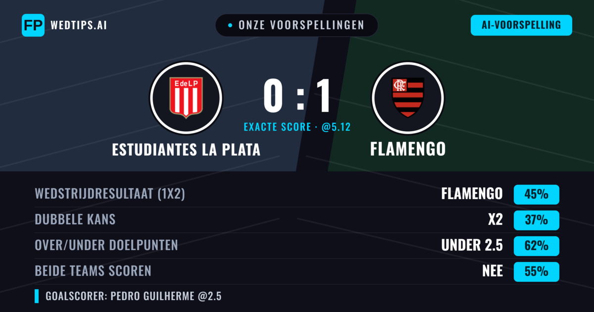Onze voorspellingen: Estudiantes La Plata vs Flamengo — Flamengo — Win (43%); Under 2.5; Beide scoren: Nee