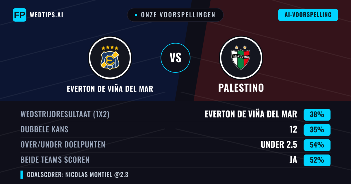 Onze voorspellingen: Everton de Viña del Mar vs Palestino — Everton de Viña del Mar — Win (38%); Under 2.5; Beide scoren: Ja