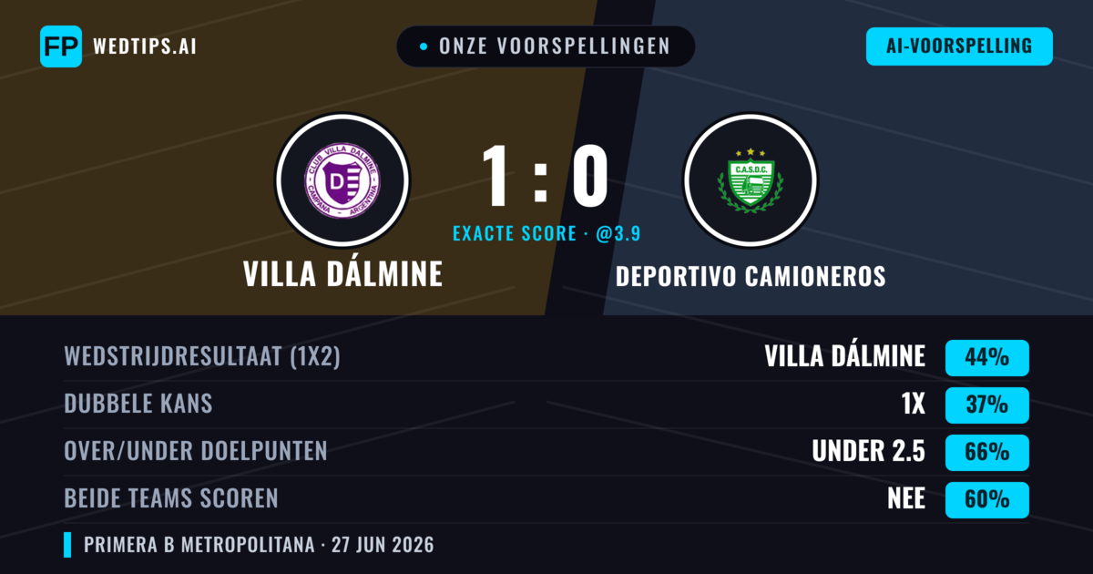Onze voorspellingen: Villa Dálmine vs Deportivo Camioneros — Villa Dálmine — Win (49%); Under 2.5; Beide scoren: Nee